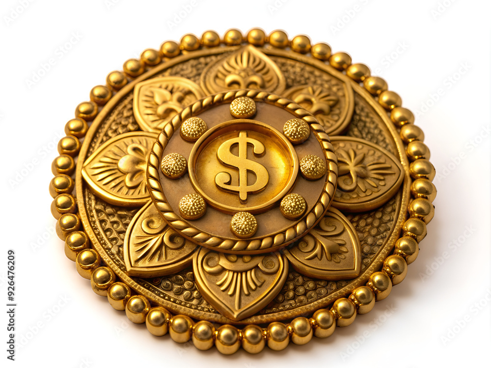 A stunning gold brooch features a prominent dollar sign beautifully designed in the center, perfect for any fashion statement A stunning gold brooch features a prominent dollar sign beautifully designed in the center, perfect for any fashion statement