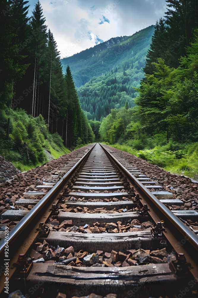 Fototapeta premium Railroad Tracks Leading Through Lush Green Forest