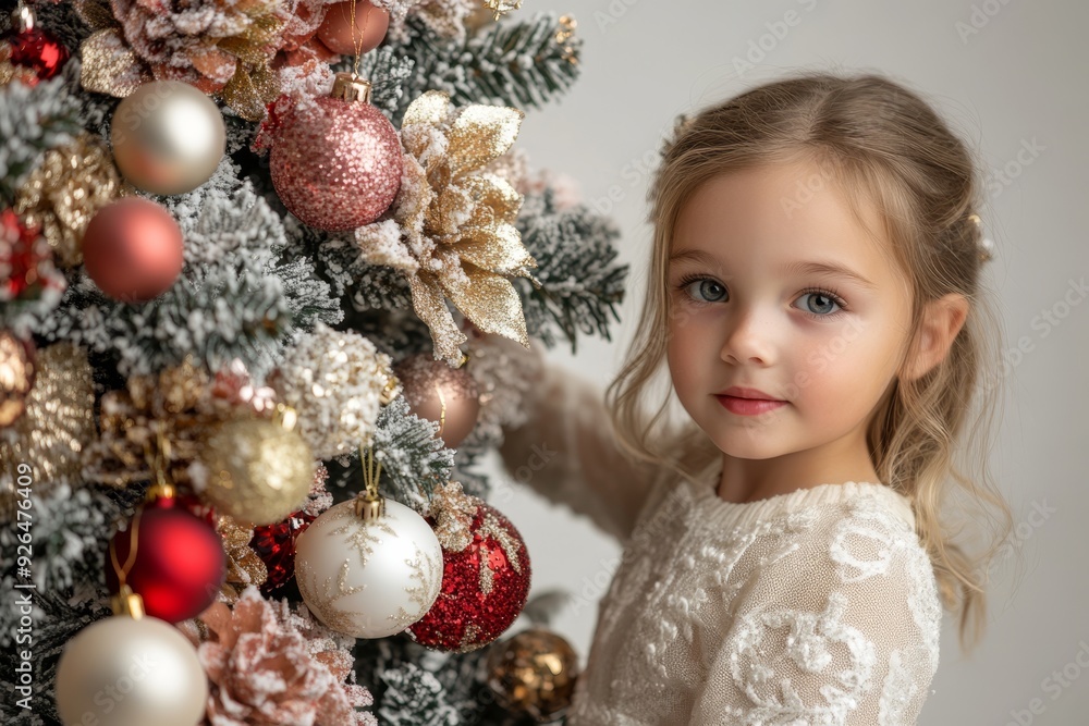 Small child teenage girl decorates festive Christmas tree a bright ornaments with beautiful New Year’s bauble. Young girl in a winter sweater on the background of a Xmas tree Small child teenage girl decorates festive Christmas tree a bright ornaments with beautiful New Year’s bauble. Young girl in a winter sweater on the background of a Xmas tree
