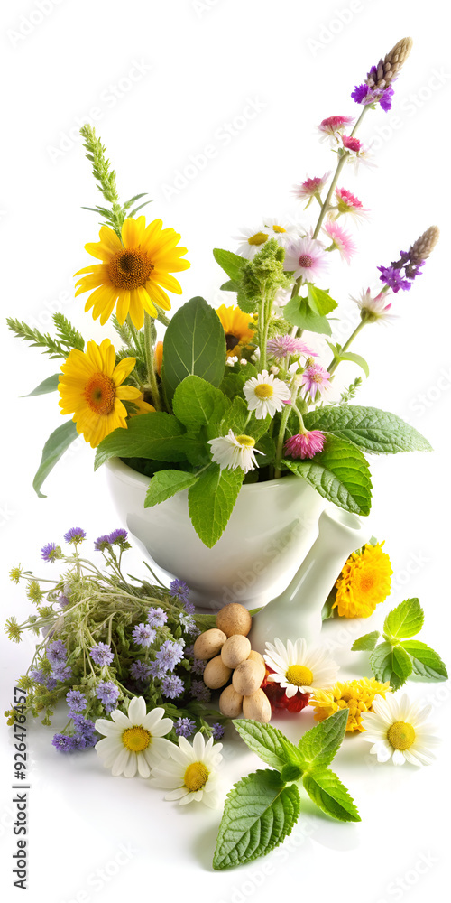 A mortar and pestle beautifully filled with assorted flowers and herbs A mortar and pestle beautifully filled with assorted flowers and herbs