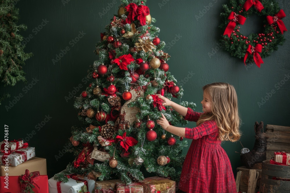 Small child teenage girl decorates festive Christmas tree a bright ornaments with beautiful New Year’s bauble. Young girl in a winter sweater on the background of a Xmas tree Small child teenage girl decorates festive Christmas tree a bright ornaments with beautiful New Year’s bauble. Young girl in a winter sweater on the background of a Xmas tree