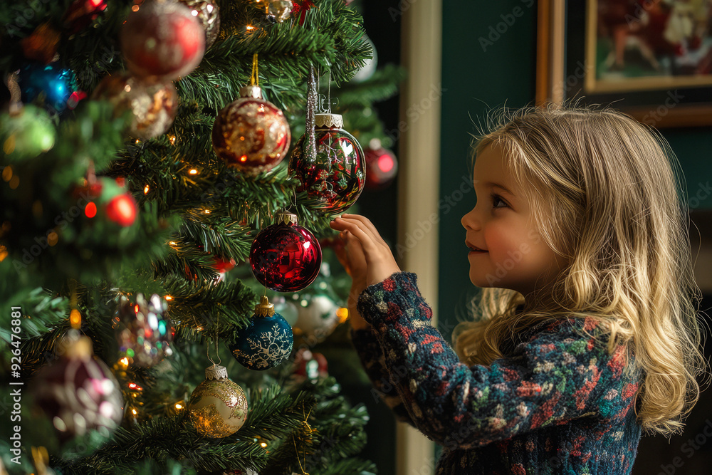 Small child teenage girl decorates festive Christmas tree a bright ornaments with beautiful New Year's bauble. Young girl in a winter sweater on the background of a Xmas tree Small child teenage girl decorates festive Christmas tree a bright ornaments with beautiful New Year's bauble. Young girl in a winter sweater on the background of a Xmas tree