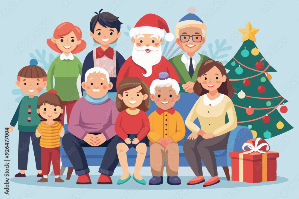 Large family celebrates Christmas or New Year. Grandma and grandfather, mom, dad and children are sitting
Large family celebrates Christmas or New Year. Grandma and grandfather, mom, dad and children are sitting