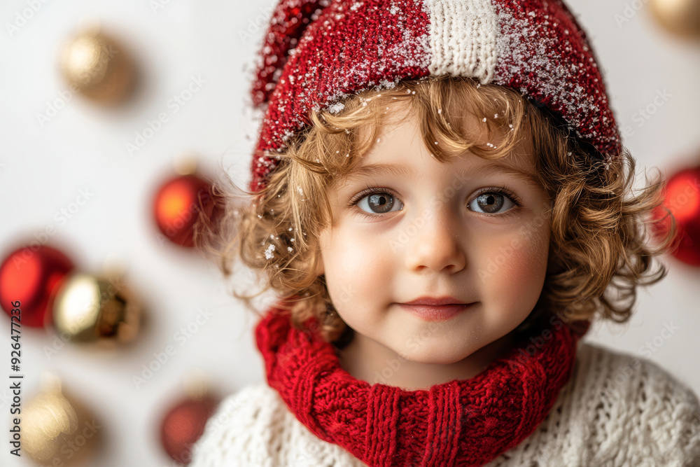Adorable child in a red Santa hat with a cozy knitted scarf, surrounded by festive holiday decorations on a soft white background. Perfect for Christmas promotions. Adorable child in a red Santa hat with a cozy knitted scarf, surrounded by festive holiday decorations on a soft white background. Perfect for Christmas promotions.
