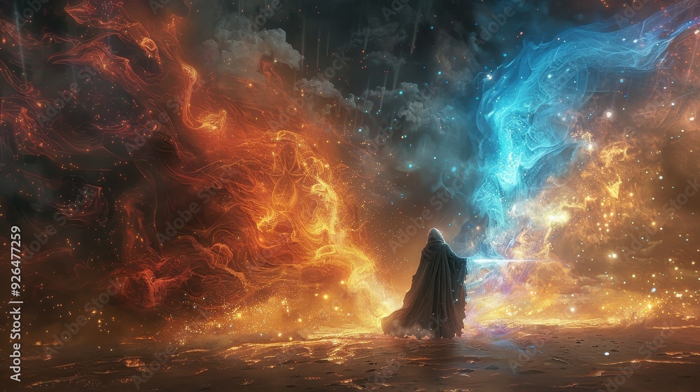 A stunning cosmic scene featuring vibrant orange and blue hues merging in a celestial landscape, invoking a sense of wonder. A stunning cosmic scene featuring vibrant orange and blue hues merging in a celestial landscape, invoking a sense of wonder.