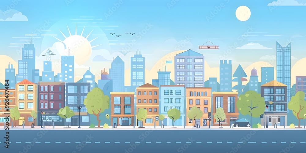 Beautiful Cityscape Illustration With Buildings, Trees and People Beautiful Cityscape Illustration With Buildings, Trees and People