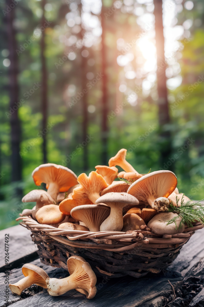 Basket filled with a variety of freshly picked edible mushrooms, placed on a rustic wooden table with a forest background. Basket filled with a variety of freshly picked edible mushrooms, placed on a rustic wooden table with a forest background.