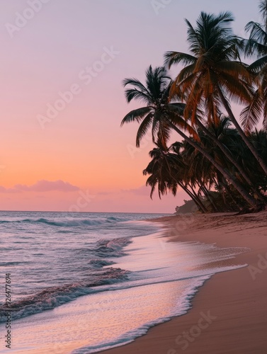 Serene Tropical Paradise: Angled View of Sunset Beach with Swaying Palms and Gentle Waves. Dreamy Pink and Orange Sky over Tranquil Shore. Abstract Creative Design for Artistic UI Web Poster and 4K Wa