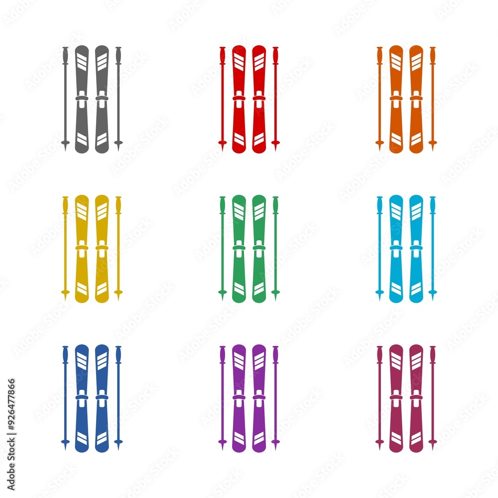 Skis and ski poles icon isolated on white background. Set icons colorful Skis and ski poles icon isolated on white background. Set icons colorful