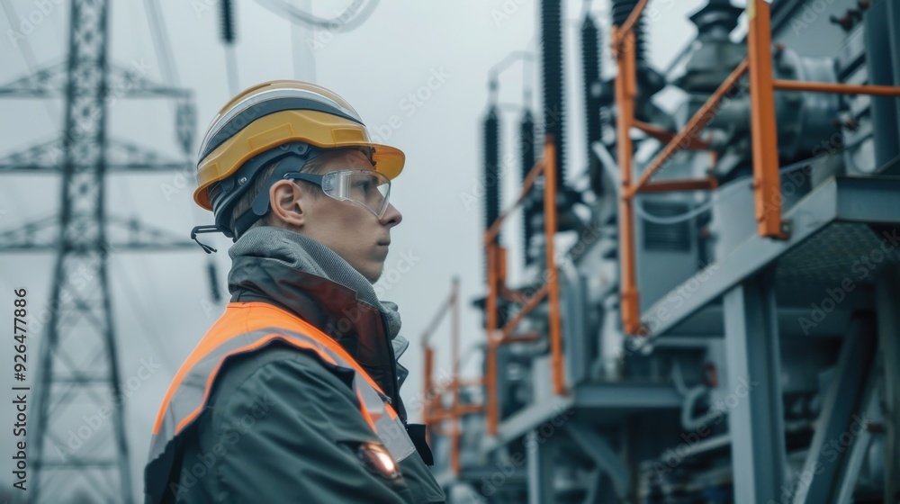 A technician in safety gear inspecting an electrical substation, ensuring the safe distribution of electricity. A technician in safety gear inspecting an electrical substation, ensuring the safe distribution of electricity.