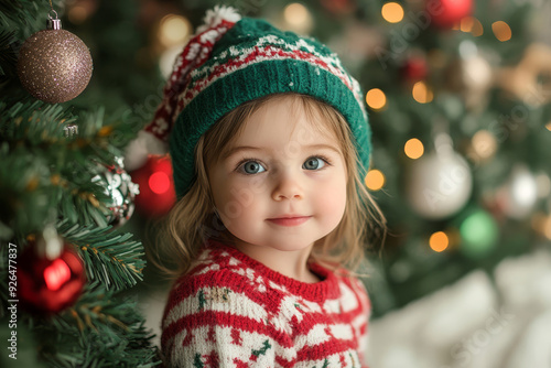 Little girl stands against the backdrop of decorated Christmas tree. happy child stands at Christmas tree decorated with bright decorations during holiday season, smiling sweetly,