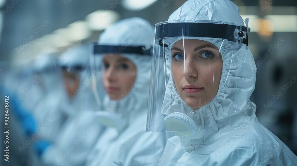 Healthcare workers in protective suits prepare for COVID-19 testing at a laboratory facility Healthcare workers in protective suits prepare for COVID-19 testing at a laboratory facility