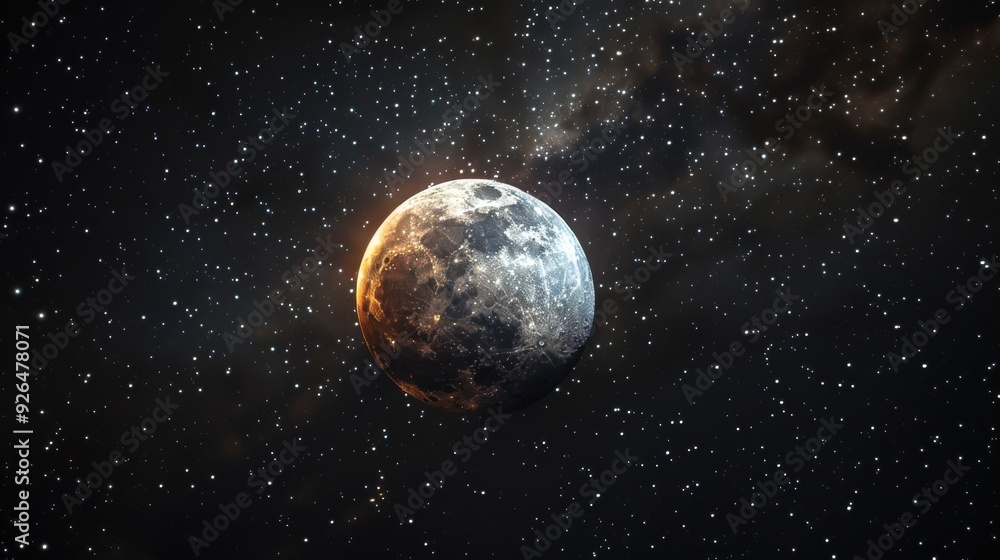 A stunning view of a full moon in deep space surrounded by countless stars, showcasing the beauty of the universe. A stunning view of a full moon in deep space surrounded by countless stars, showcasing the beauty of the universe.