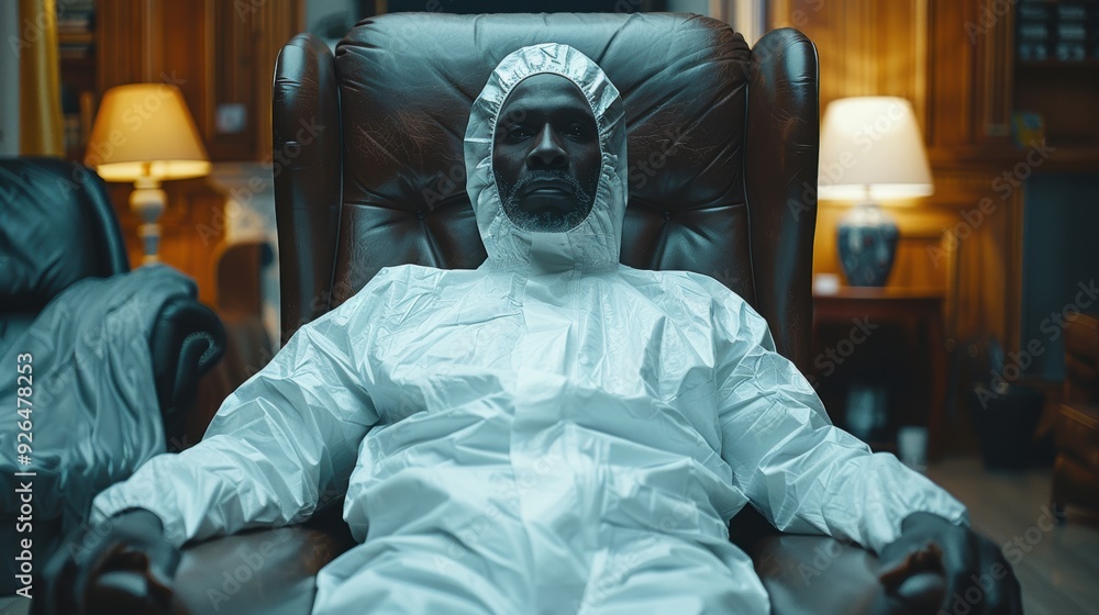 Person in a protective suit relaxing on an armchair in a cozy indoor setting during the evening Person in a protective suit relaxing on an armchair in a cozy indoor setting during the evening