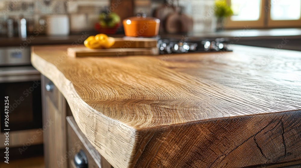 Rustic Oak Kitchen Countertop Close-Up Highlighting Beautiful Wood Grain Texture Rustic Oak Kitchen Countertop Close-Up Highlighting Beautiful Wood Grain Texture