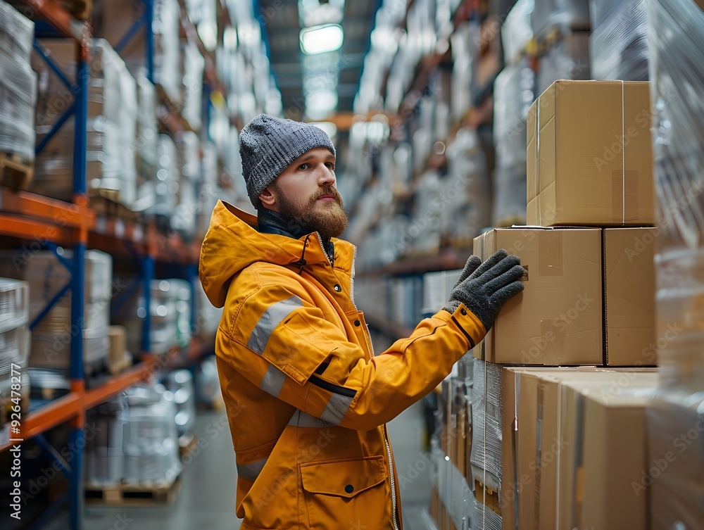 Warehouse worker organizing packages in a storage facility during the day Warehouse worker organizing packages in a storage facility during the day