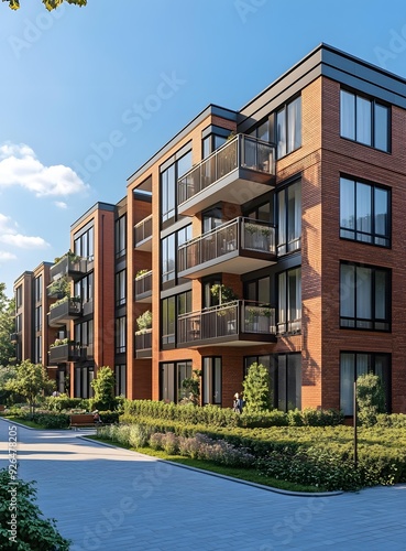 Modern Brick Apartment Building With Balconies And Lush Greenery