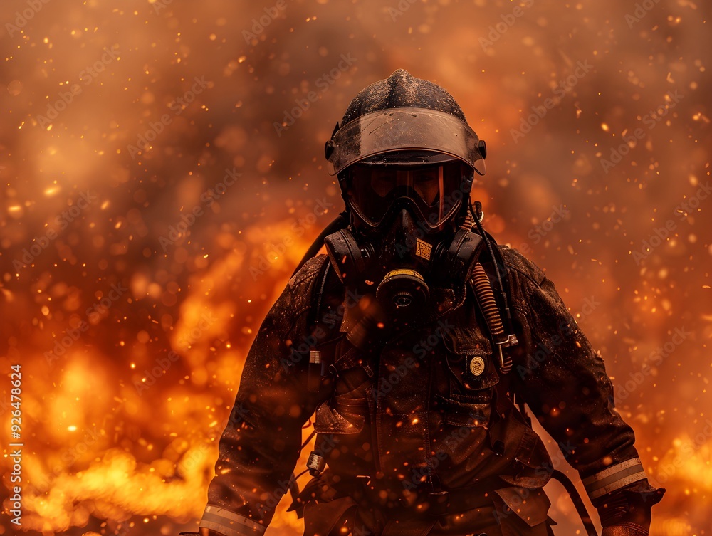 Naklejka premium Firefighter battling intense flames during a rescue operation at dusk