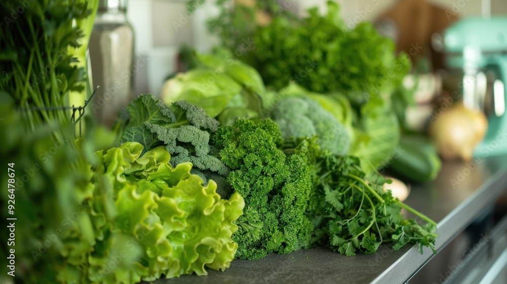 Fresh, vibrant green vegetables displayed on a kitchen counter, representing healthy eating and nutrition Fresh, vibrant green vegetables displayed on a kitchen counter, representing healthy eating and nutrition