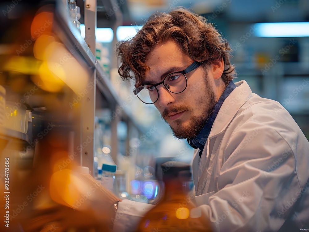 Scientist conducting research in a laboratory during the evening Scientist conducting research in a laboratory during the evening