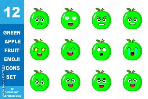 Cute cartoon tgreen apple. Cartoon fruit character set. Funny emoticon in flat style photo