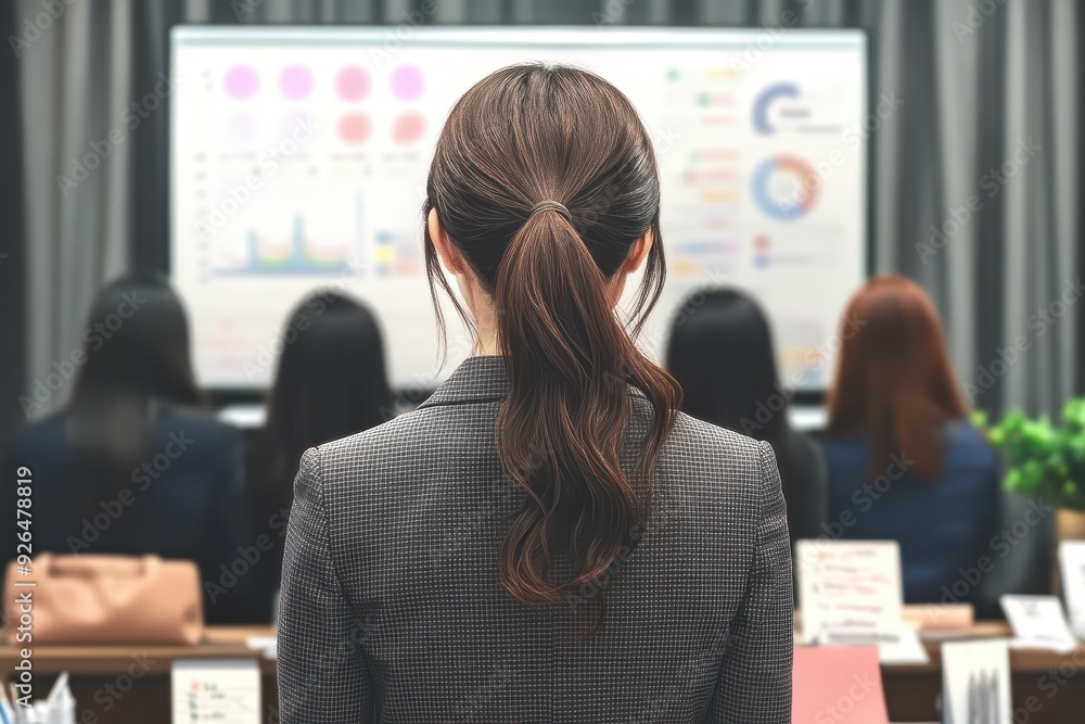 A businesswoman watches a presentation, illustrating teamwork and professional growth in a corporate environment. A businesswoman watches a presentation, illustrating teamwork and professional growth in a corporate environment.