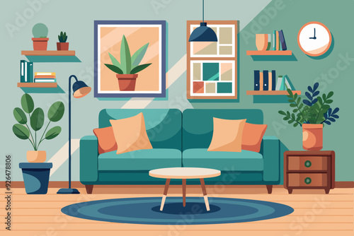 Interior of a cozy living room with a sofa, pieces of furniture, accessories, paintings and a plant
