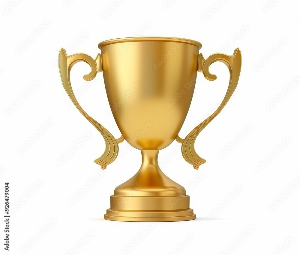 A shiny golden trophy with two handles, simple design, white isolated background. Winner award success. A shiny golden trophy with two handles, simple design, white isolated background. Winner award success.