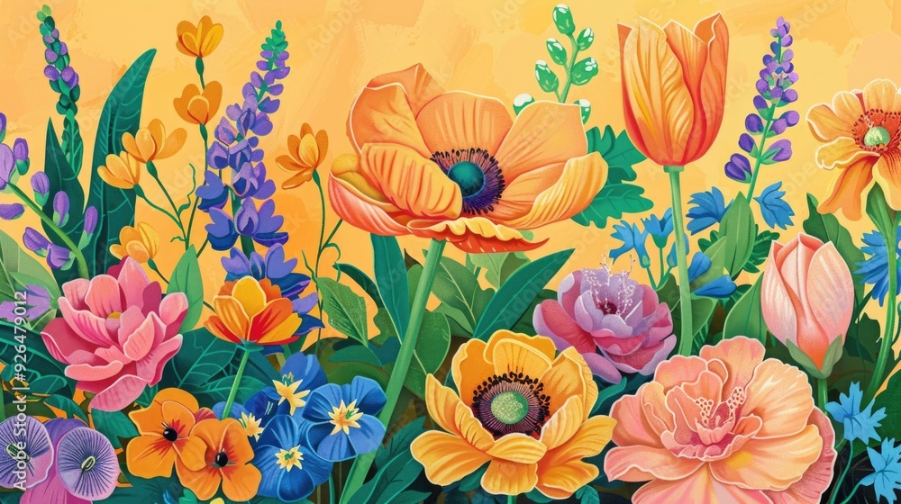 A vivid and colorful background featuring a hand-drawn array of bright flowers, radiating a cheerful and artistic flair. A vivid and colorful background featuring a hand-drawn array of bright flowers, radiating a cheerful and artistic flair.