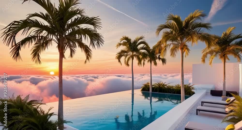 Picture of A serene rooftop oasis set amidst a sea of white, wispy clouds ...