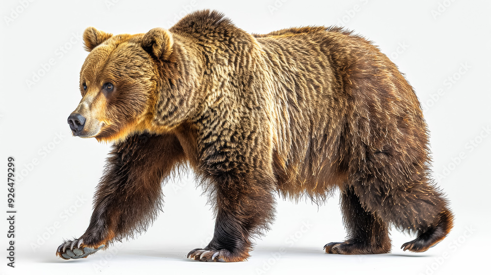 Obraz premium A bear with a fluffy coat stands in front of a white background. The bear appears to be looking at the camera, possibly curious or cautious. Concept of wilderness and natural beauty