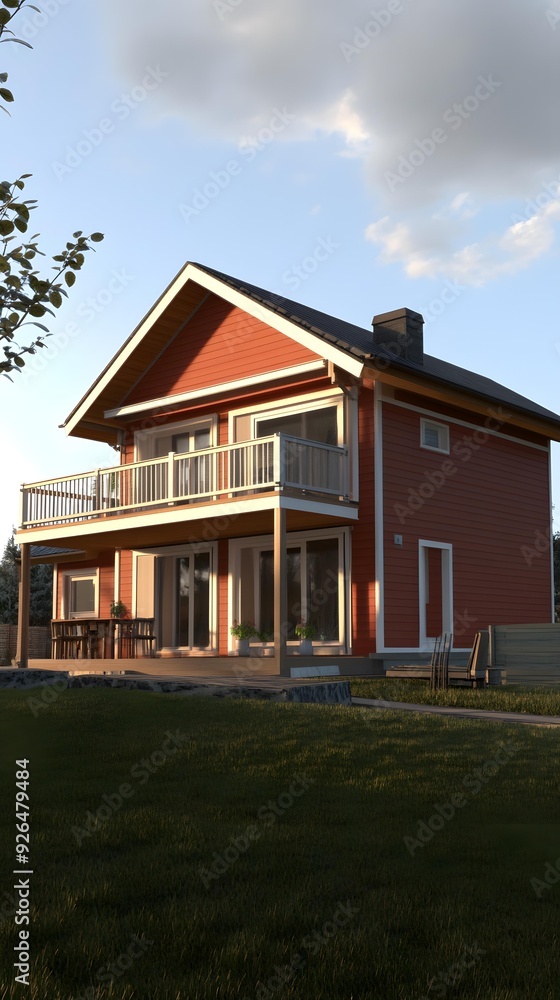 Fototapeta premium Red Modern House with a Balcony and Yard