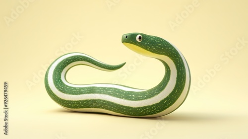 A 3D cartoon snake gourd with a long, green, and white striped surface, centered on a light yellow background. photo