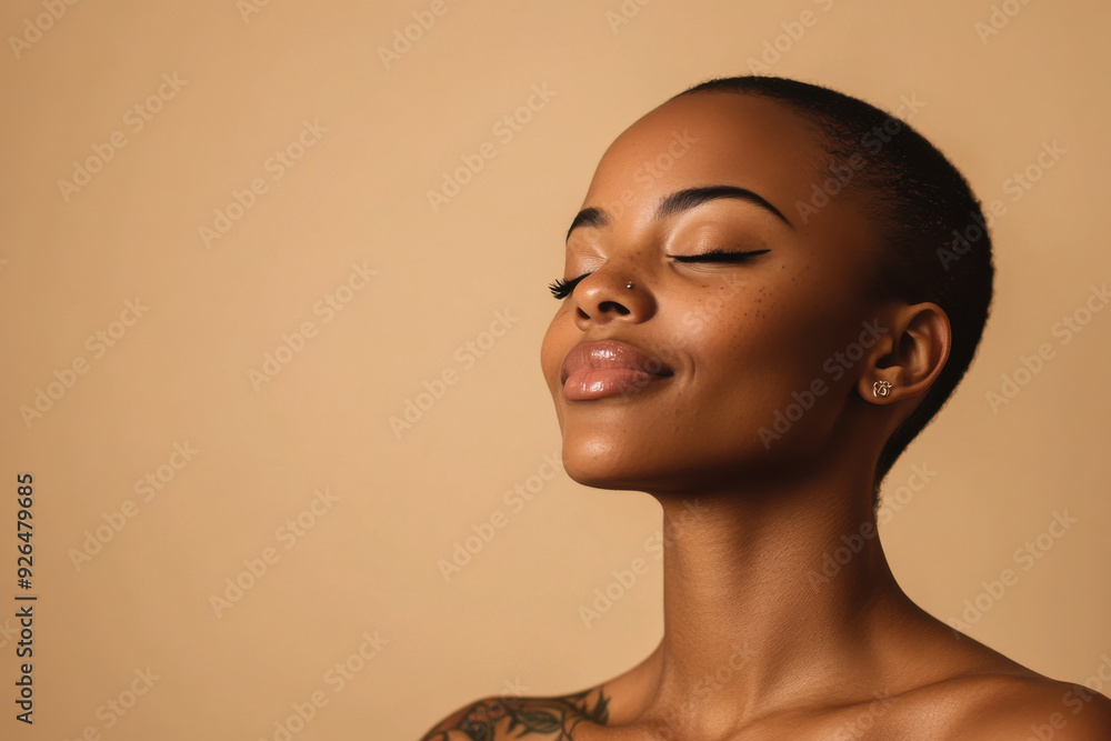 A close up of a tattooed black woman's face with her eyes closed A close up of a tattooed black woman's face with her eyes closed