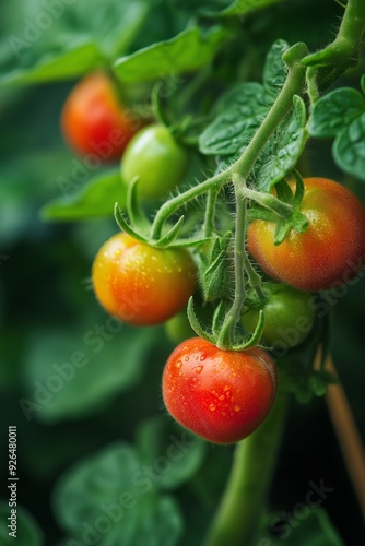 A close-up shot of a cluster of tomatoes ripening on the vine against a green backdrop in a garden setting.