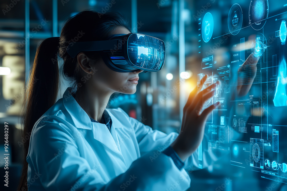 A woman scientist wears VR glasses, surrounded by a holographic display. The concept highlights advanced technology, virtual reality in science, and modern innovation. Generative AI. A woman scientist wears VR glasses, surrounded by a holographic display. The concept highlights advanced technology, virtual reality in science, and modern innovation. Generative AI.