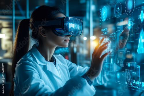 A woman scientist wears VR glasses, surrounded by a holographic display. The concept highlights advanced technology, virtual reality in science, and modern innovation. Generative AI.