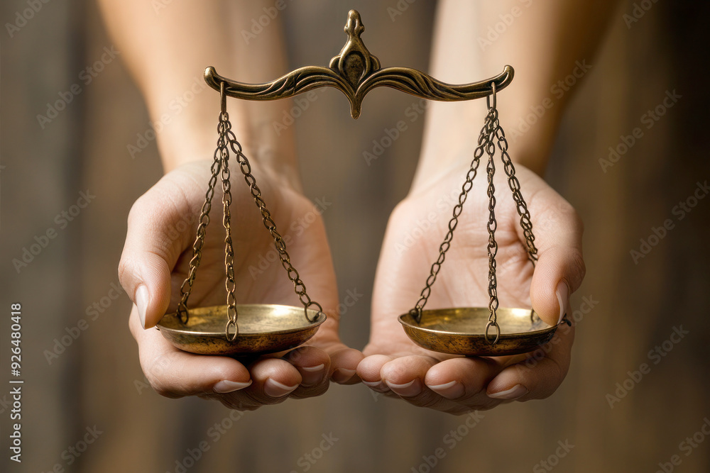 Hands Holding Scale of Justice in Courtroom Setting, Symbolizing ...