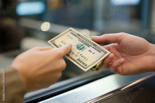 Close-Up of Hands Exchanging Money at Bank Teller's Window, Symbolizing International Day of Banks, Emphasizing Trust, Financial Transactions, and the Role of Banks in Economic Stability