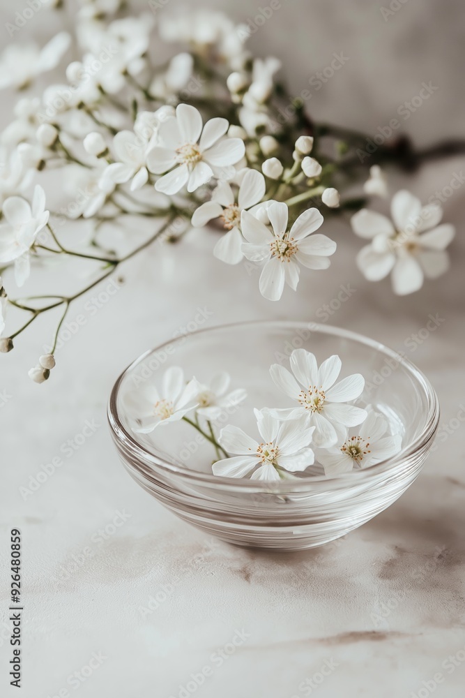 Glass bowl with delicate white flowers placed on a soft, marble surface, symbolizing purity, beauty, and tranquility.