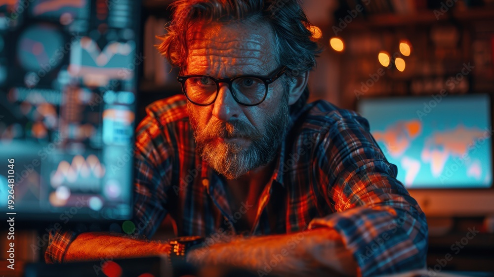 A focused analyst working late at a desk surrounded by multiple computer screens in a dimly lit room A focused analyst working late at a desk surrounded by multiple computer screens in a dimly lit room