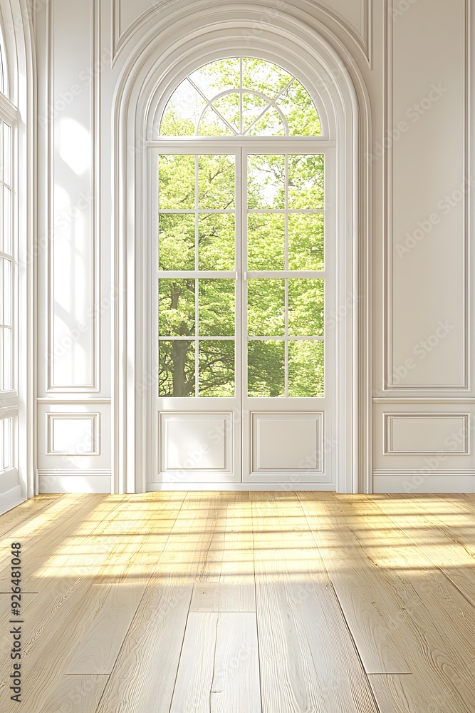 Sunlight Streaming Through Arch Window in White Room Sunlight Streaming Through Arch Window in White Room