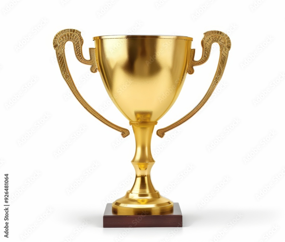 A shiny golden trophy with two handles, simple design, white isolated background. Winner award success. A shiny golden trophy with two handles, simple design, white isolated background. Winner award success.