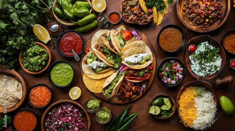 A top-down view of a table laden with assorted tacos, fresh ingredients, and various sauces, embodying the richness of Mexican cuisine A top-down view of a table laden with assorted tacos, fresh ingredients, and various sauces, embodying the richness of Mexican cuisine