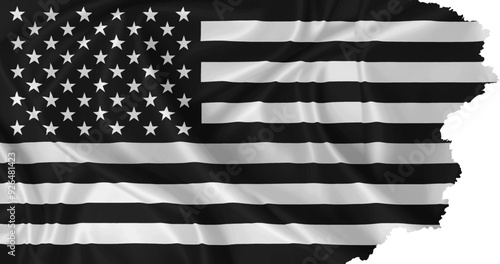 Black USA flag with torn edges on silk texture waving in the wind