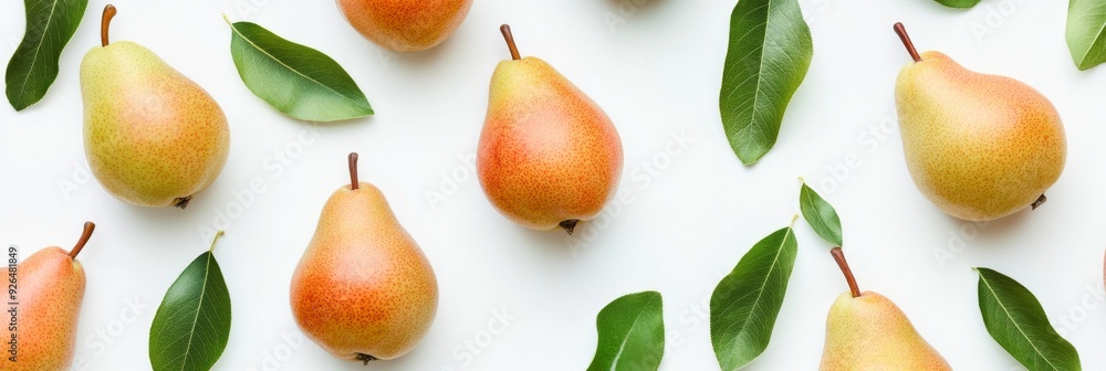 Close up ripe pears and leaves on a white background. Pear fruit texture Close up ripe pears and leaves on a white background. Pear fruit texture