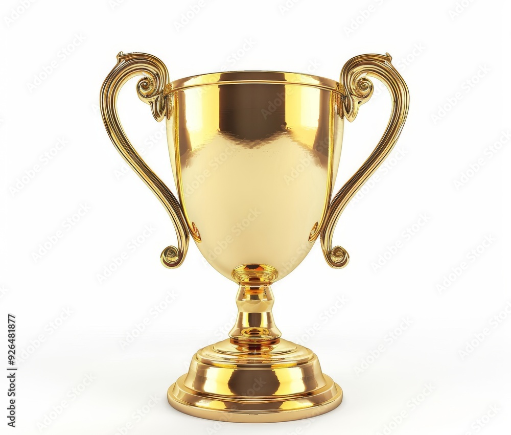 A shiny golden trophy with two handles, simple design, white isolated background. Winner award success. A shiny golden trophy with two handles, simple design, white isolated background. Winner award success.