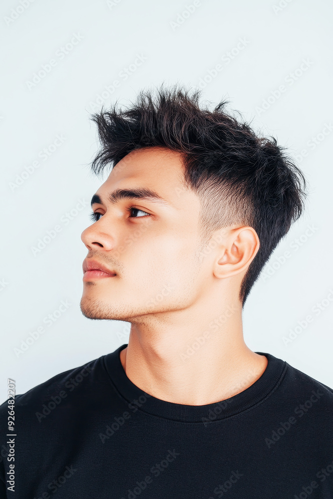 Young East Asian male with dark hair and smooth skin in a studio portrait, wearing a black shirt, looking to the side with a confident expression Young East Asian male with dark hair and smooth skin in a studio portrait, wearing a black shirt, looking to the side with a confident expression