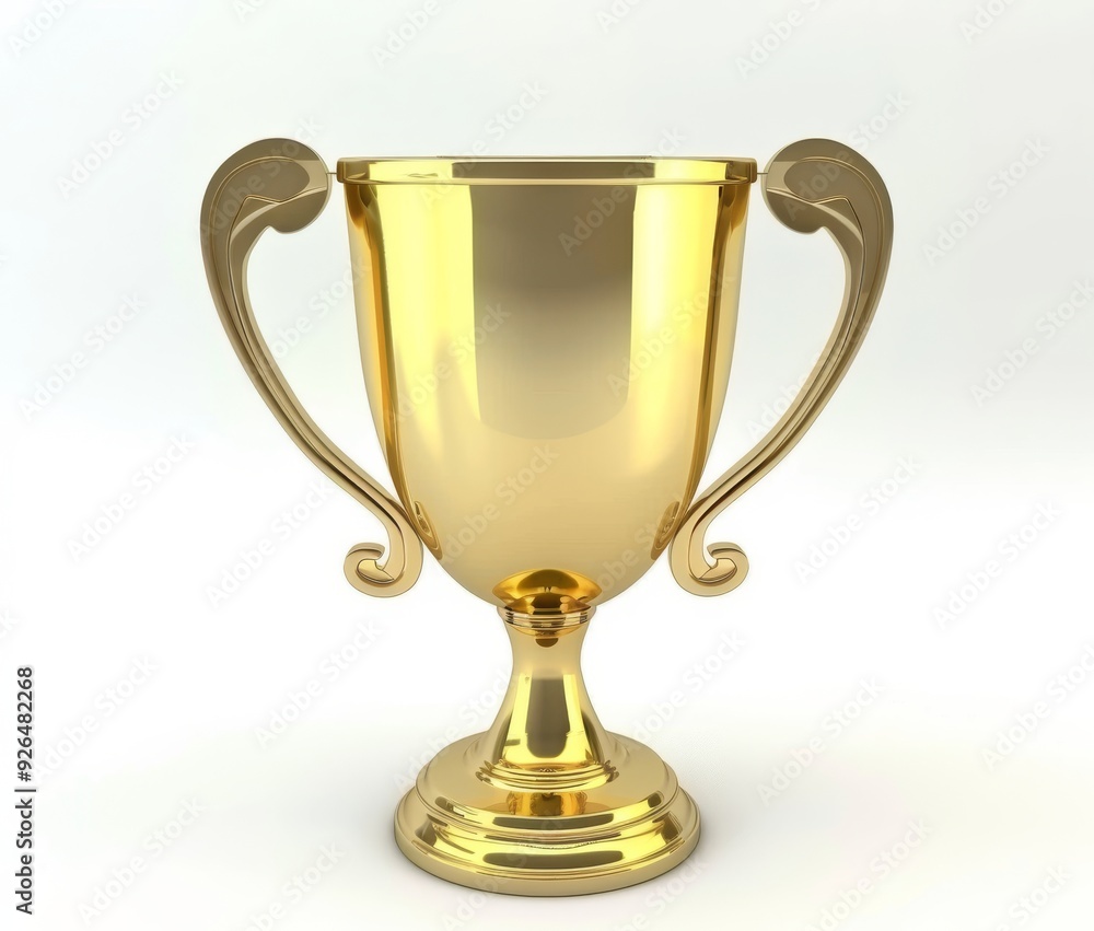 A shiny golden trophy with two handles, simple design, white isolated background. Winner award success. A shiny golden trophy with two handles, simple design, white isolated background. Winner award success.