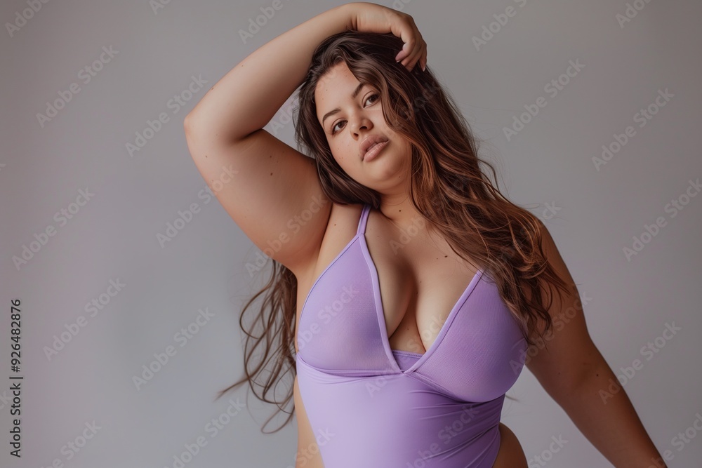 A woman with long brown hair in a purple bodysuit with a deep V-neckline looks confidently at the camera with one hand behind her head. A woman with long brown hair in a purple bodysuit with a deep V-neckline looks confidently at the camera with one hand behind her head.